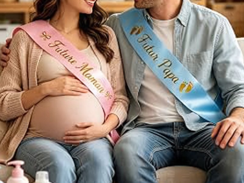 Couple de futurs parents portant les écharpes Future Maman et Futur Papa pendant une baby shower