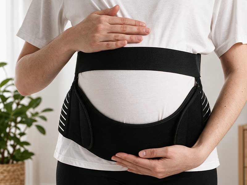 Femme enceinte portant une ceinture de soutien de grossesse noire sous le ventre