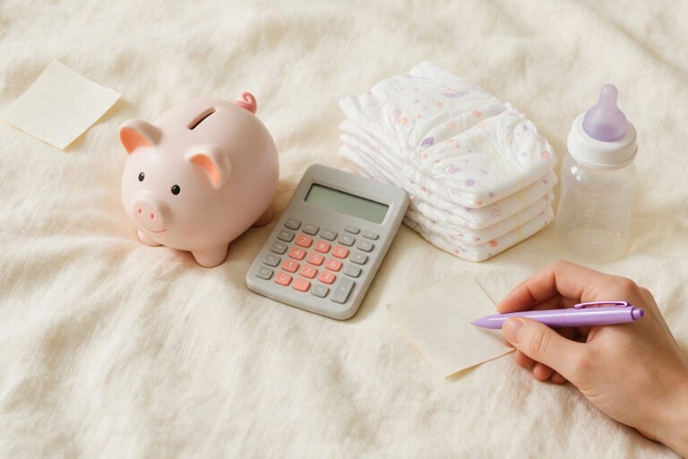 Objets de bébé et calculatrice pour estimer le budget de la première année