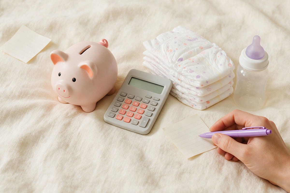 Objets de bébé et calculatrice pour estimer le budget de la première année