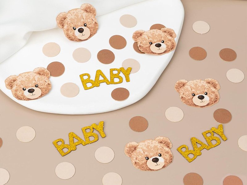 Confettis de table ourson et lettres BABY dorées sur fond beige