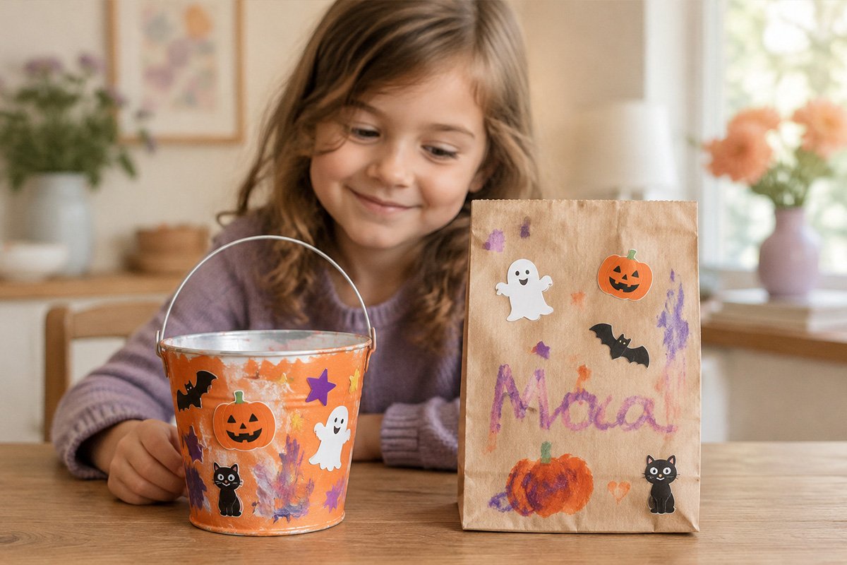Seau et sac à bonbons décorés par un enfant