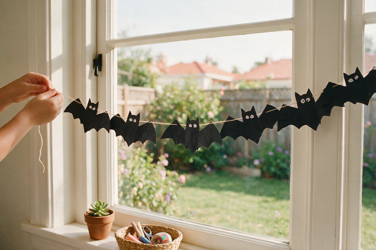 Guirlande de chauves-souris en papier noir devant une fenêtre