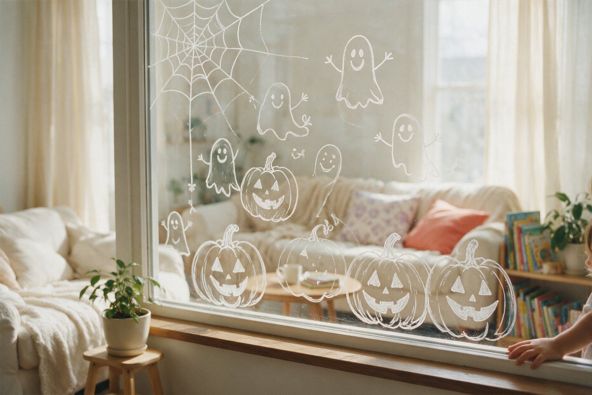 Vitre décorée au feutre craie avec toile d'araignée et fantômes