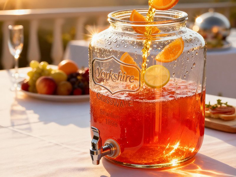 Distributeur de boissons en verre avec robinet rempli de citronnade sur une table de buffet