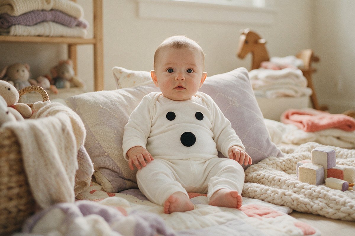 Bébé en pyjama blanc déguisé en petit fantôme
