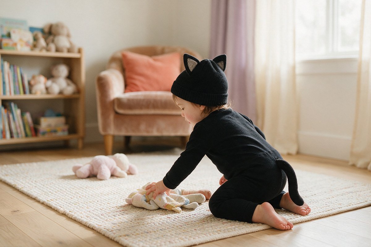Enfant déguisé en chat noir avec bonnet à oreilles en feutrine