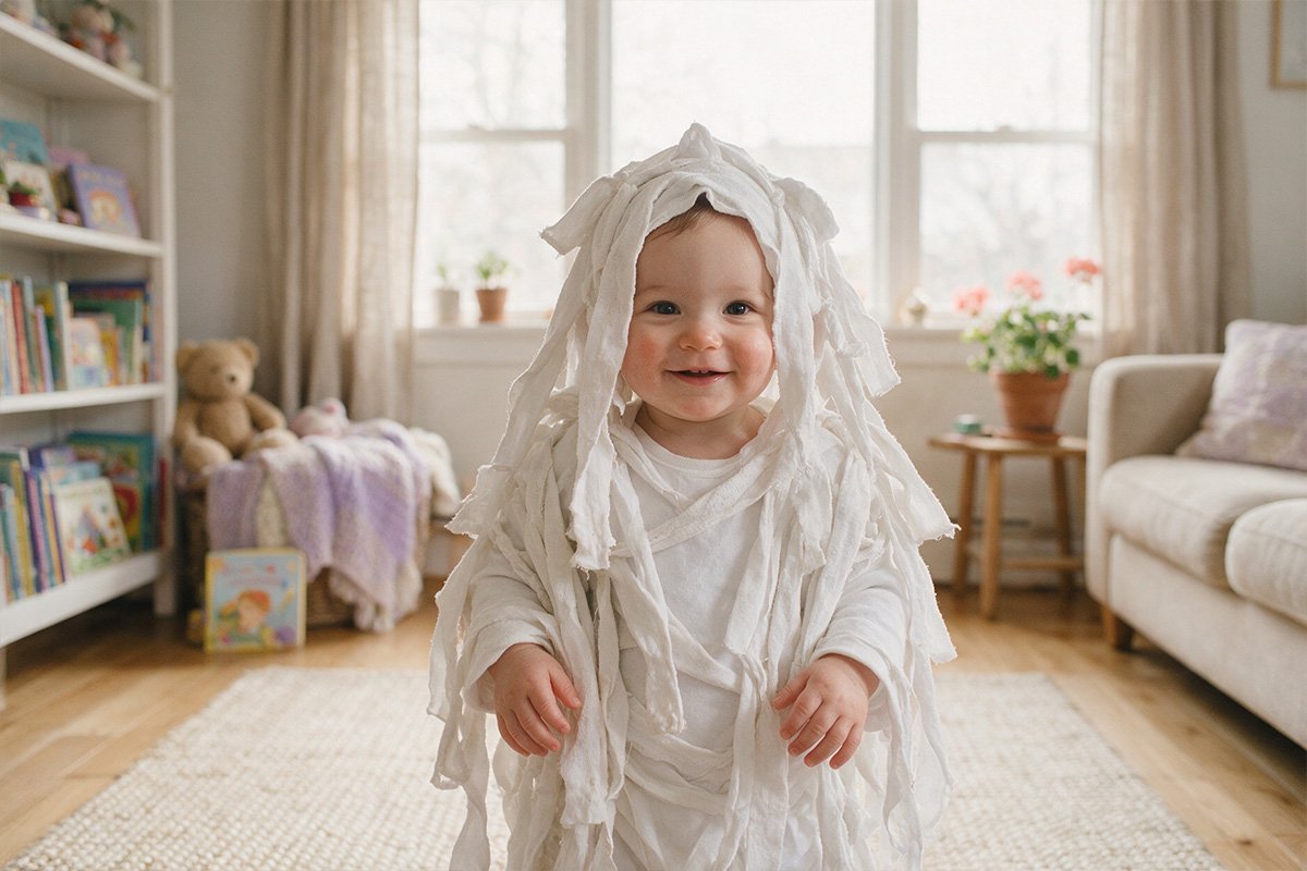 Enfant déguisé en petite momie avec des bandes de tissu
