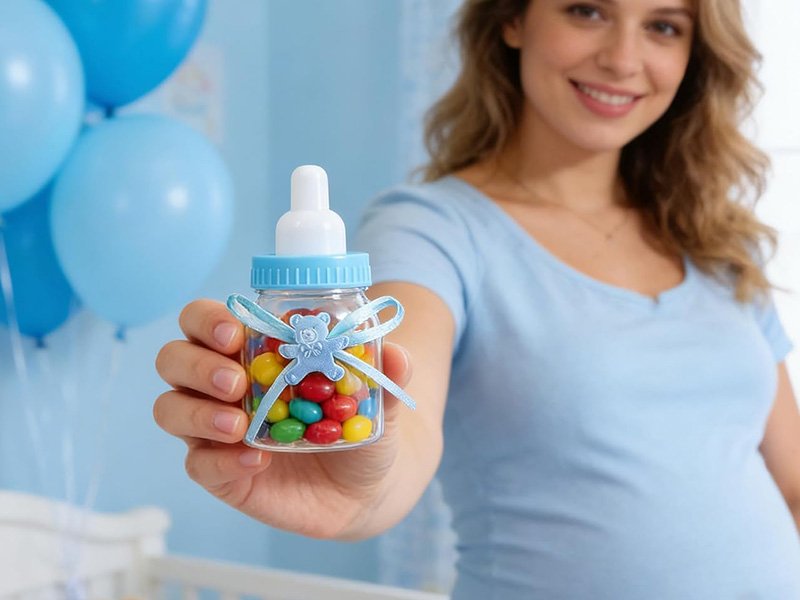 Femme enceinte tenant un mini-biberon rempli de bonbons colorés