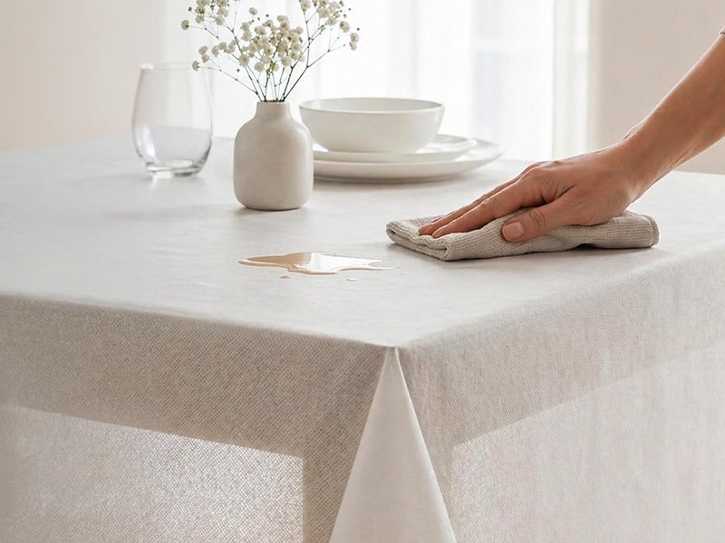 Nappe blanche en non-tissé déroulée sur une table avec une main qui la lisse