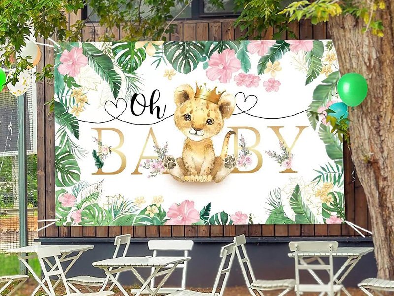 Toile de fond Oh Baby avec feuillage vert et ourson pour créer un coin photo de baby shower