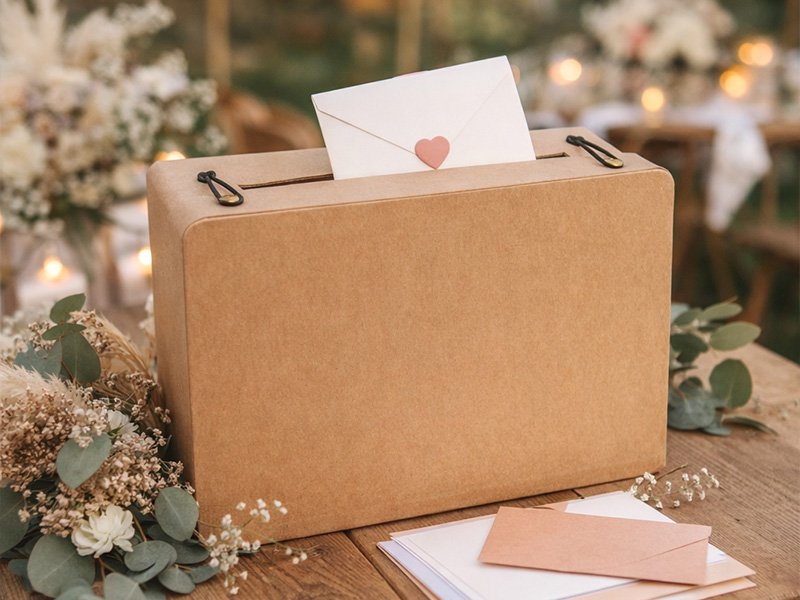 Urne en carton kraft avec une enveloppe glissée dans la fente, entourée de fleurs séchées