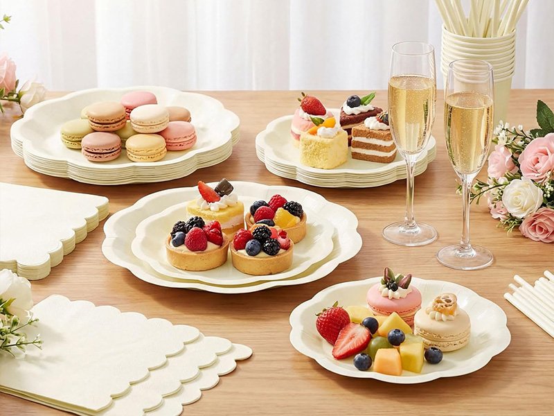 Assiettes ivoire à bord ondulé garnies de gâteaux et fruits sur une table de fête